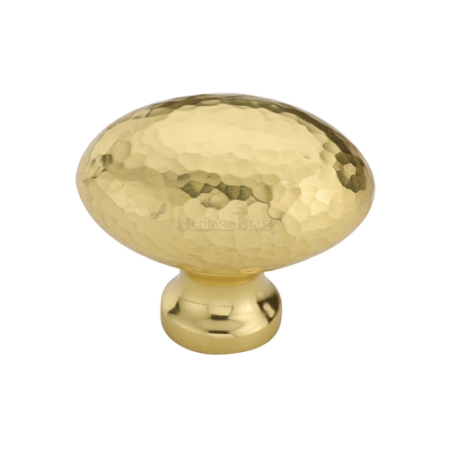 Heritage Brass Cabinet Knob Victorian Oval Hammered Design 38mm Polished Brass
