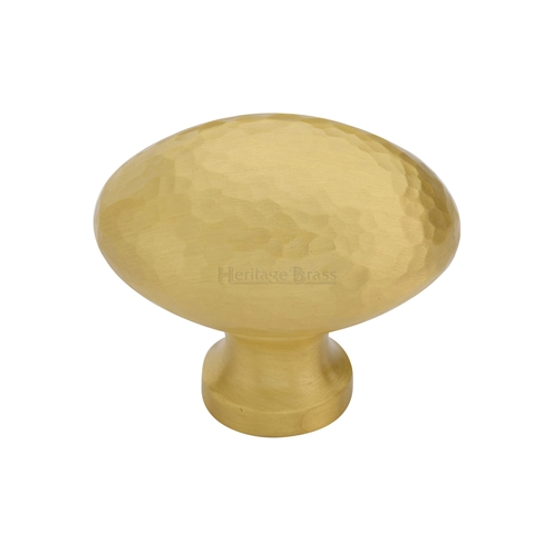 Heritage Brass Cabinet Knob Victorian Oval Hammered Design 38mm Satin Brass