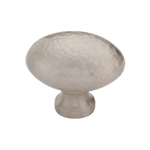 Heritage Brass Cabinet Knob Victorian Oval Hammered Design 38mm Satin Nickel
