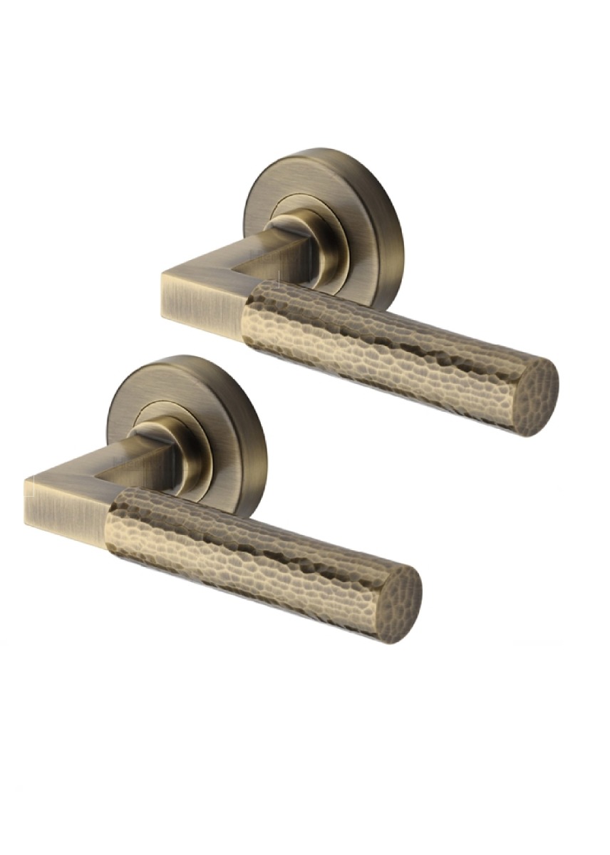 Heritage Brass Door Handle Lever on Rose Hammered Bauhaus Design Antique Brass Finish HAM2259-AT
