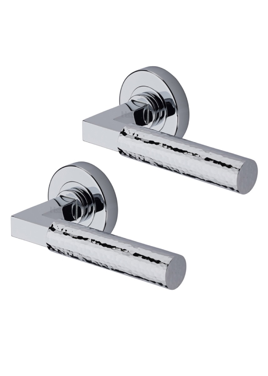 Heritage Brass Door Handle Lever on Rose Hammered Bauhaus Design Polished Chrome Finish HAM2259-PC