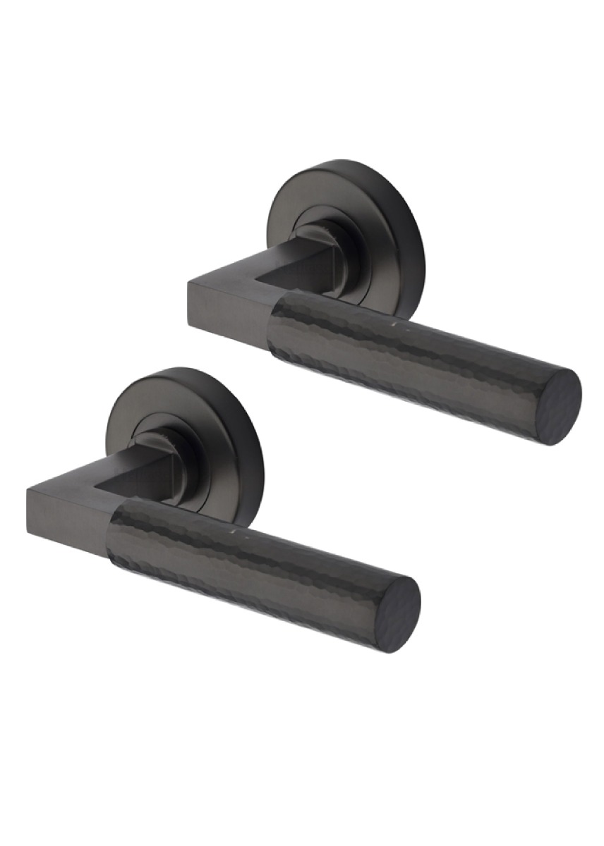 Heritage Brass Door Handle Lever on Rose Hammered Bauhaus Design Matt Bronze Finish HAM2259-MB
