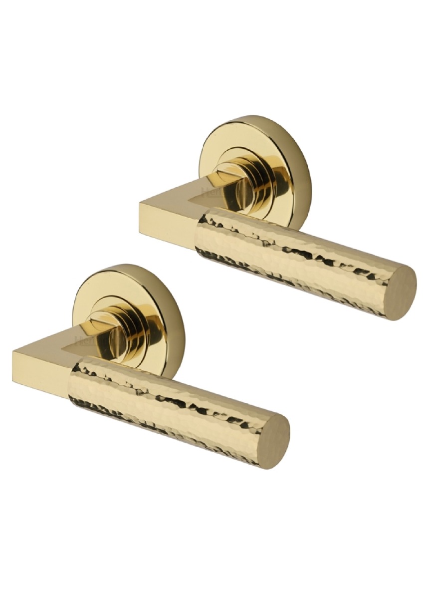 Heritage Brass Door Handle Lever on Rose Hammered Bauhaus Design Polished Brass Finish HAM2259-PB