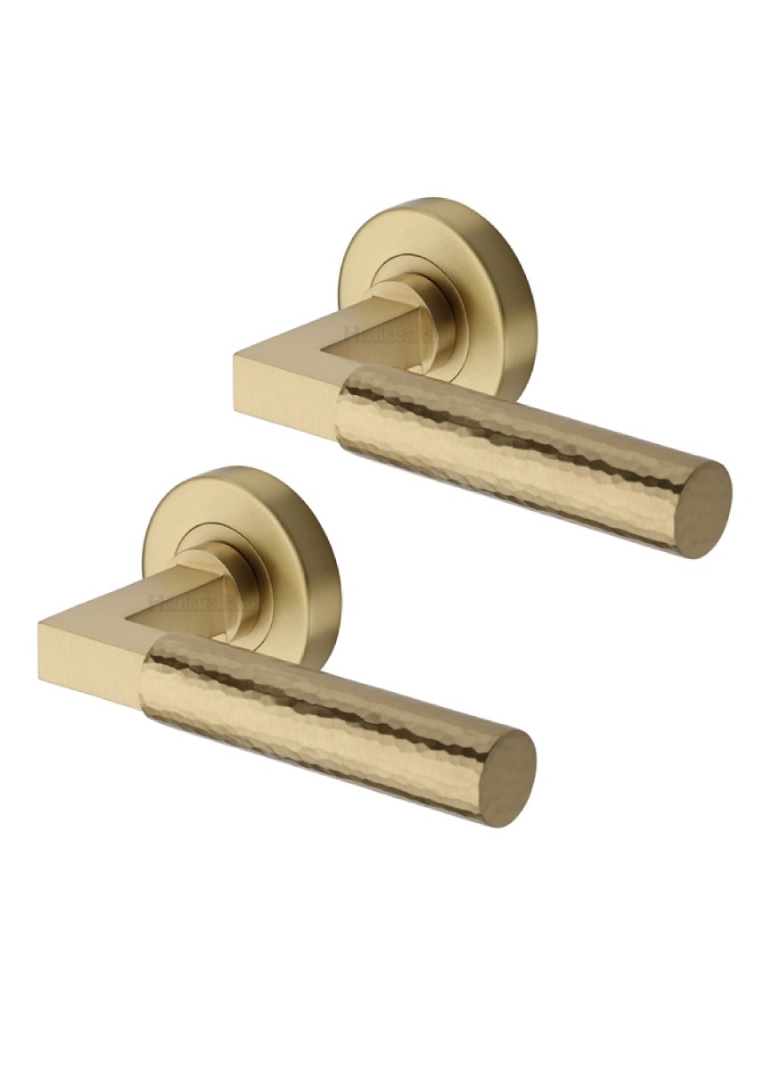 Heritage Brass Door Handle Lever on Rose Hammered Bauhaus Design Satin Brass Finish HAM2259-SB
