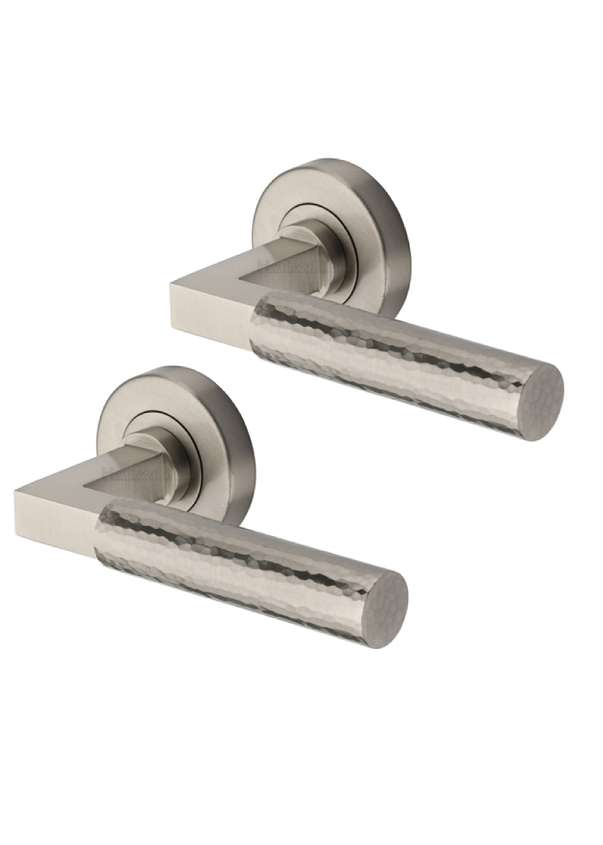 Heritage Brass Door Handle Lever on Rose Hammered Bauhaus Design Satin Nickel Finish HAM2259-SN