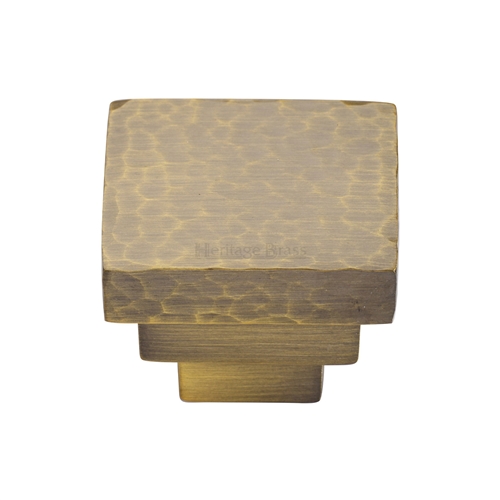 Heritage Brass Cabinet Knob Square Stepped Hammered Design 32mm Antique Brass