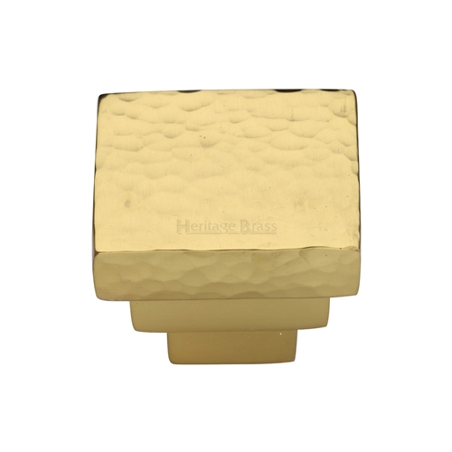 Heritage Brass Cabinet Knob Square Stepped Hammered Design 32mm Polished Brass