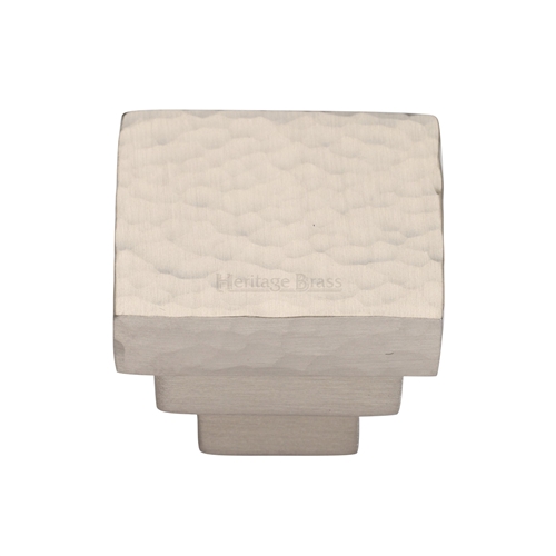 Heritage Brass Cabinet Knob Square Stepped Hammered Design 32mm Satin Nickel