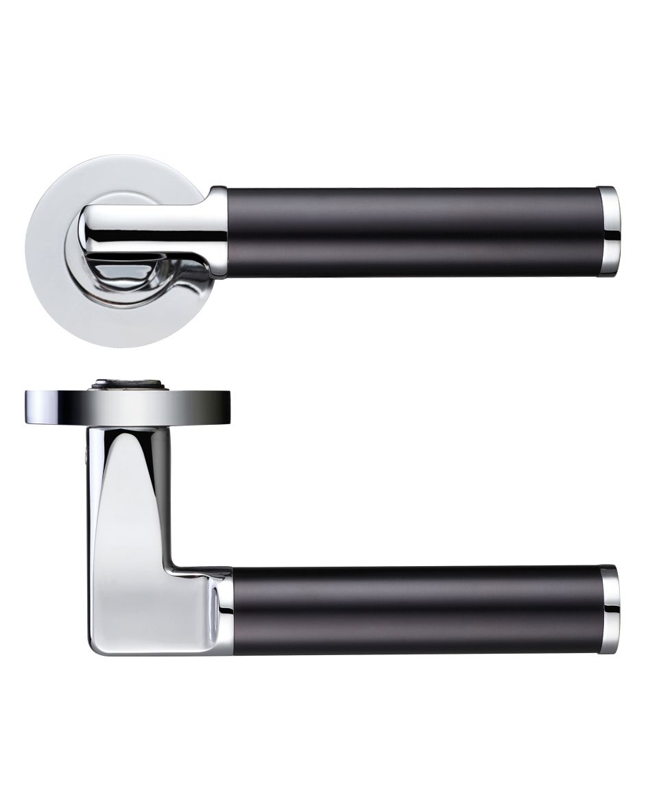 IRONZONE Orbix Lever Door Handle On Round Rose Matt Black Polished Chrome