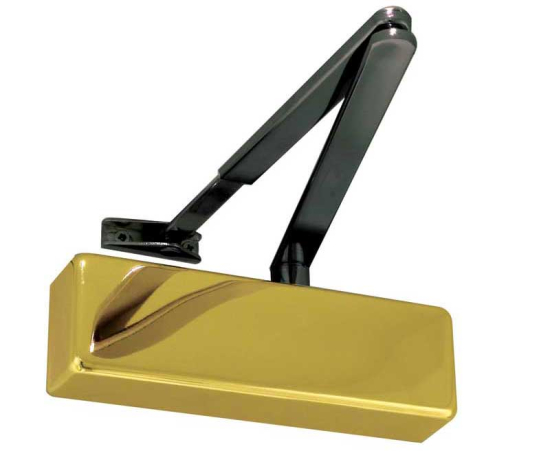 Frelan Standard Door Control with Black Arms Polished Brass en-2-4 JD150PB