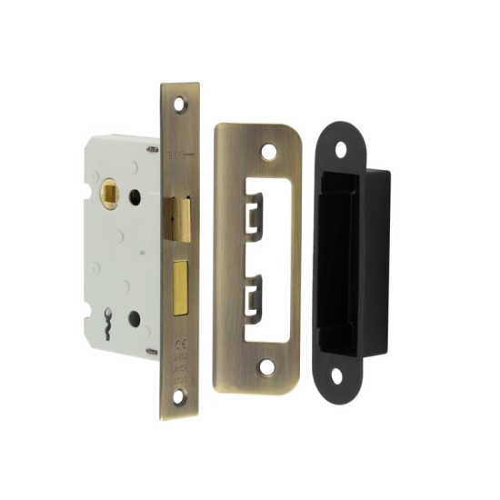 Frelan 76mm AB 2/L sashlock square forend & radiused strike plate JL480AB Antique Brass