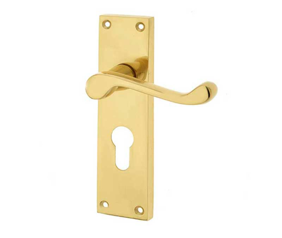 Frelan Victorian Scroll Door Handle on Euro Profile Lockplate Polished Brass 150mm JV10EPB