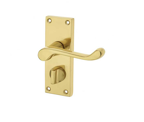 Frelan Victorian Scroll Door Handle on Privacy Plate Polished Brass 118mm JV11PRPB
