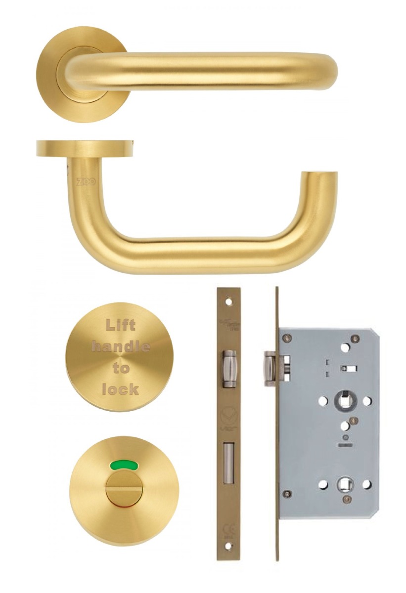 Zoo Hardware Lift To lock Kit Complete with Door Handle Set and Din Lock 60mm ZCS030LL-ZDL7260LL PVD Satin Brass