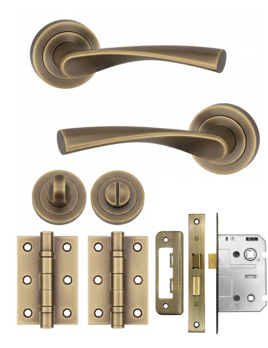IRONZONE Elvas Door Handle on Rose - Bathroom Pack - Antique Brass