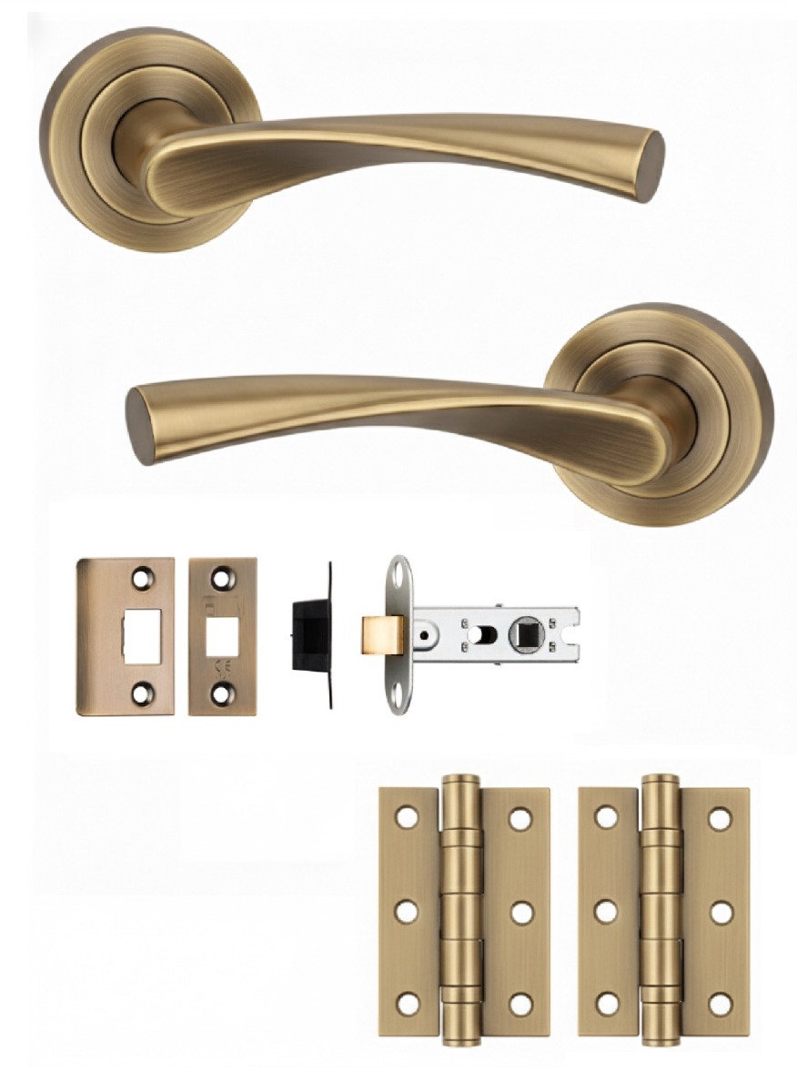 IRONZONE Elvas Door Handle on Rose - Latch Pack -Antique Brass
