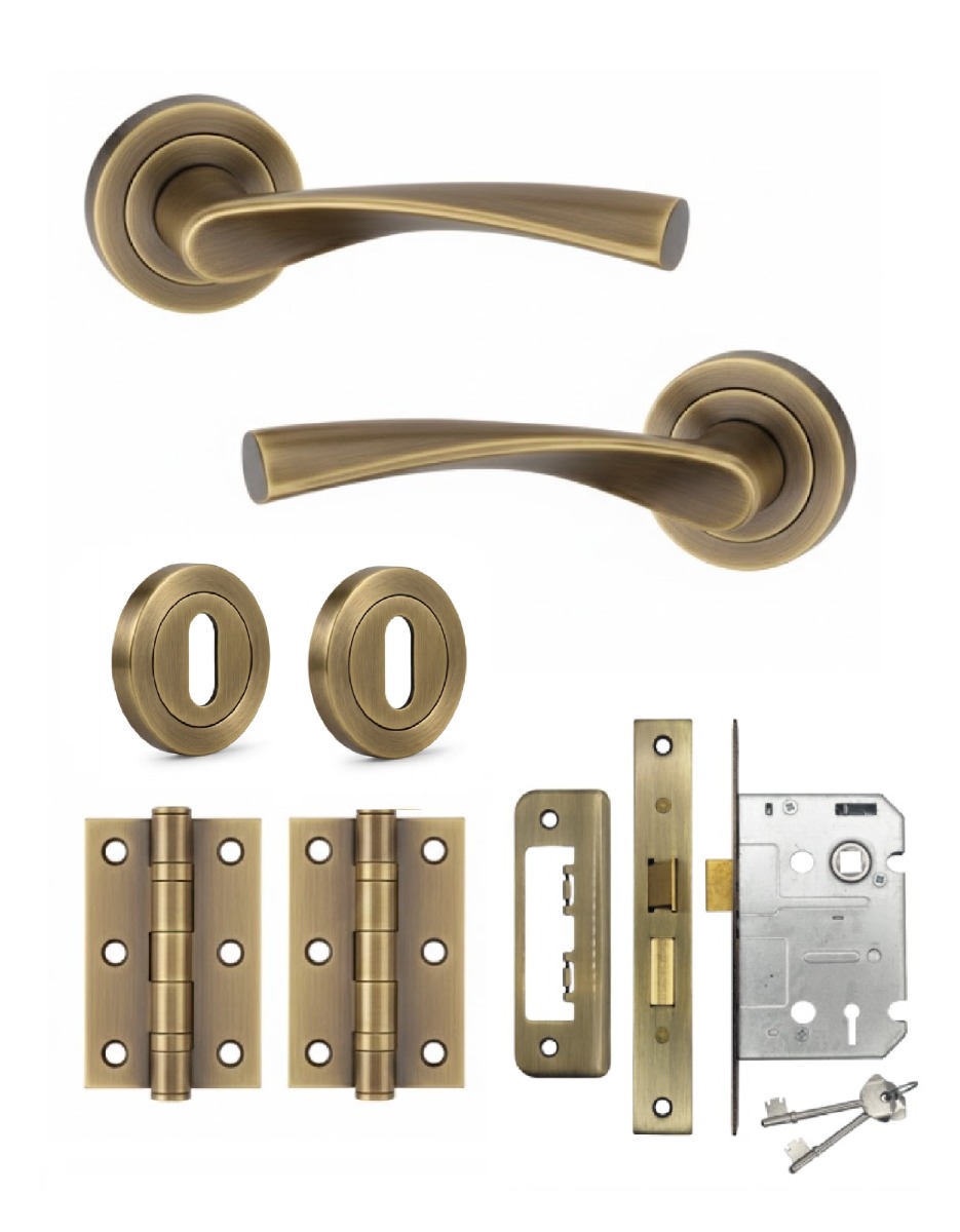 IRONZONE Elvas Door Handle on Rose - Lock Pack - Antique Brass