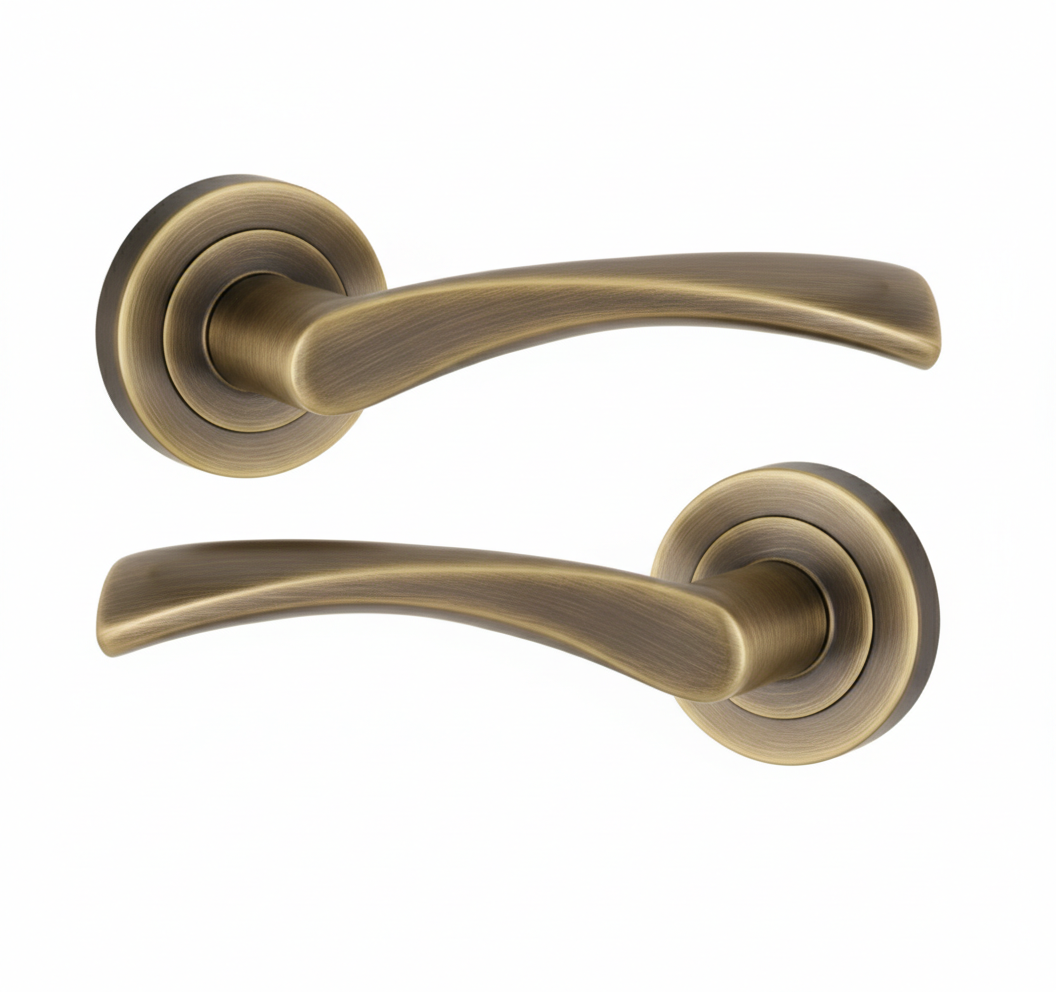 IRONZONE LVR010 Elvas Lever Door Handle on Round Rose - Antique Brass