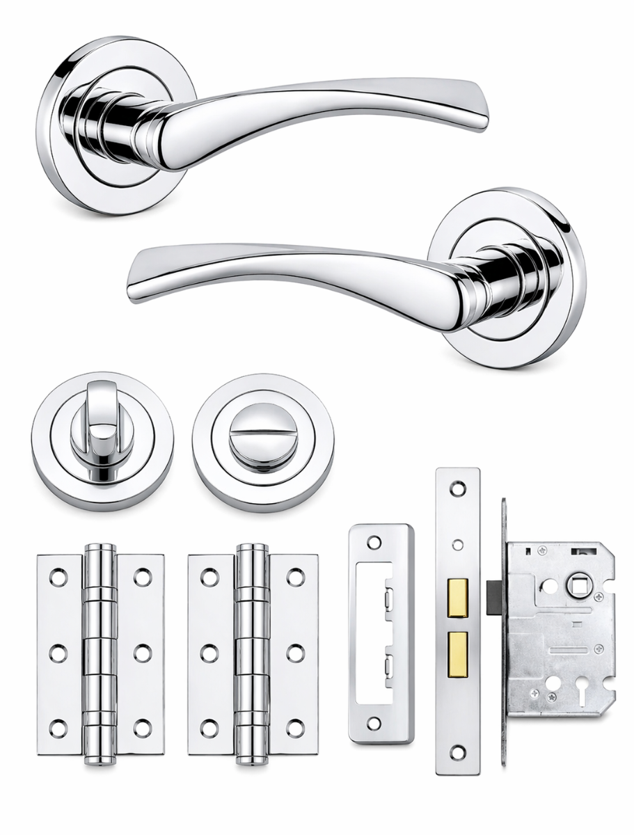 IRONZONE Elvas Style Levers Door Handle on Rose - Bathroom Pack - Polished Chrome