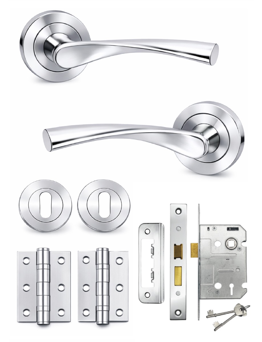 IRONZONE Elvas Style Levers Door Handle on Rose - Lock Pack - Polished Chrome