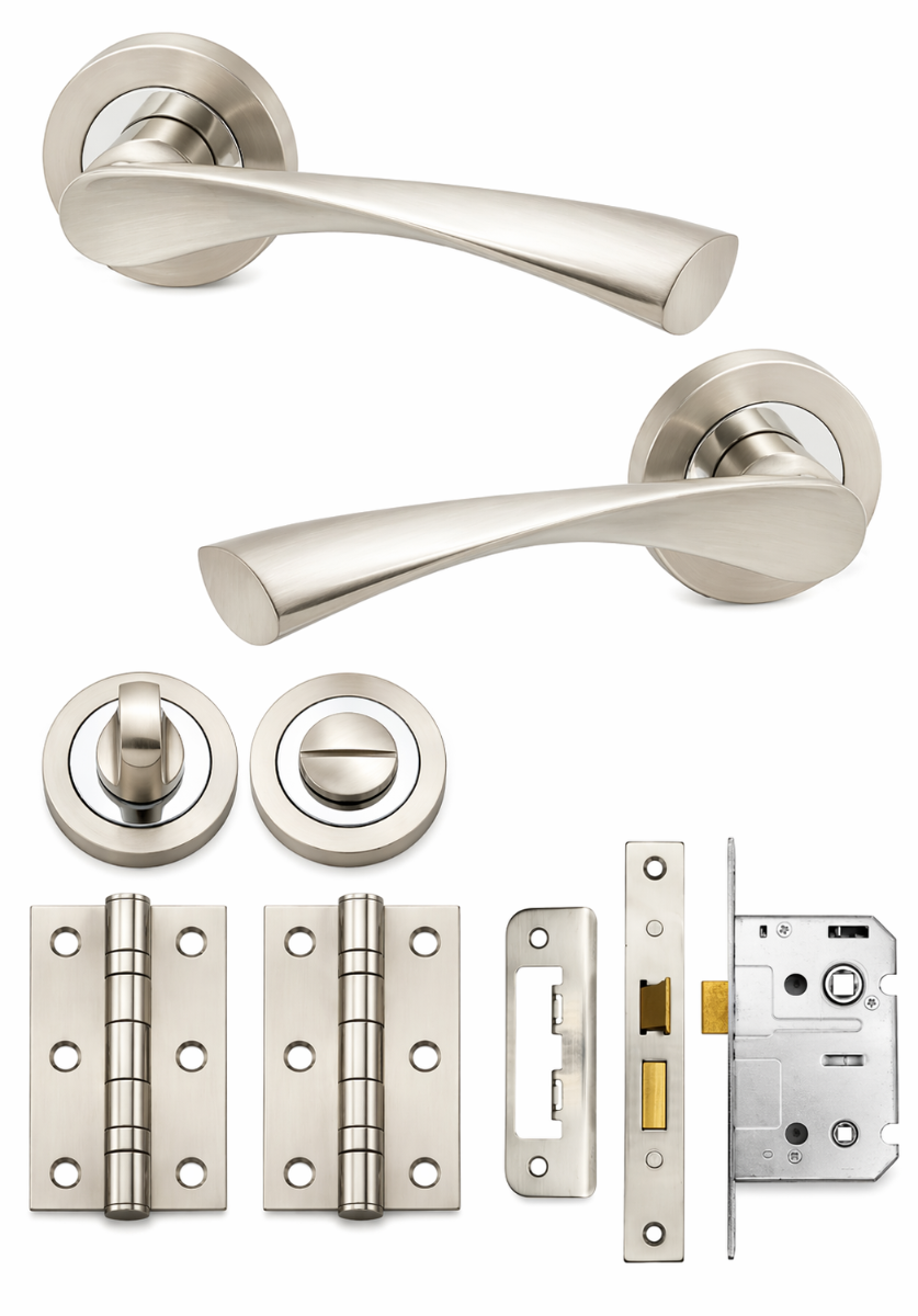 IRONZONE Elvas Door Handle on Rose - Bathroom Pack - Satin Nickel/Polished Chrome