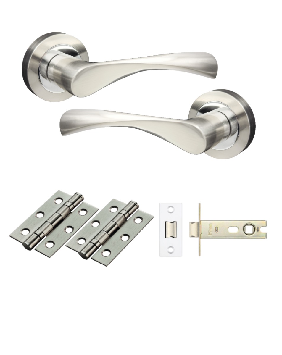 IRONZONE Elvas Style Levers on Rose - Latch Pack - Satin Nickel/Polished Chrome
