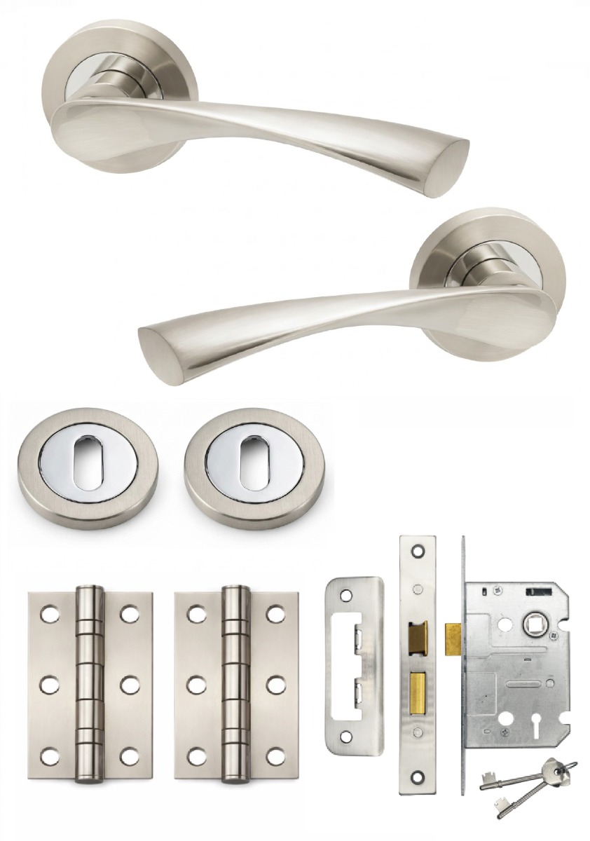 IRONZONE Elvas Door Handle on Rose - Lock Pack - Satin Nickel/Polished Chrome