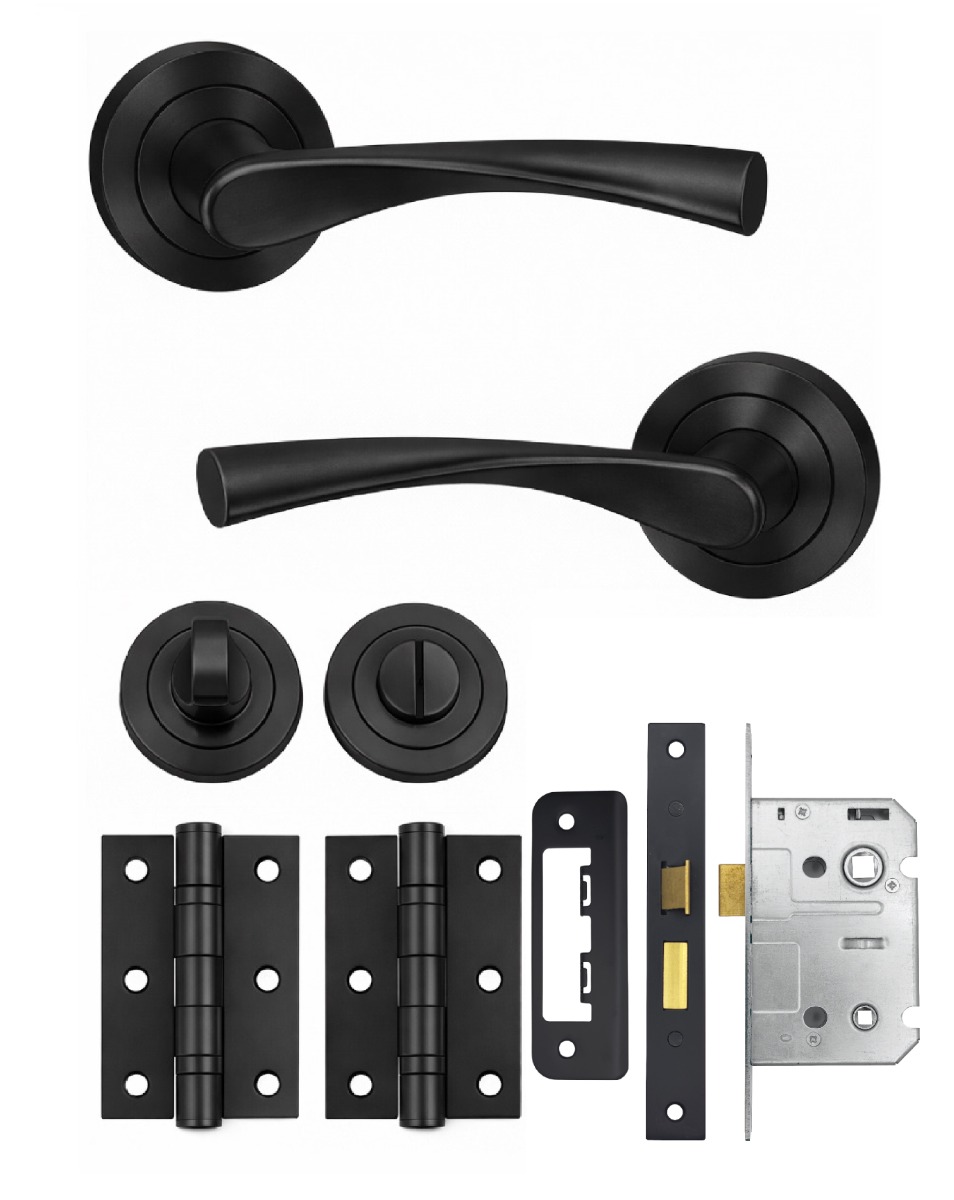 IRONZONE Elvas Style Levers Door Handles on Rose - Bathroom Pack - Matt Black