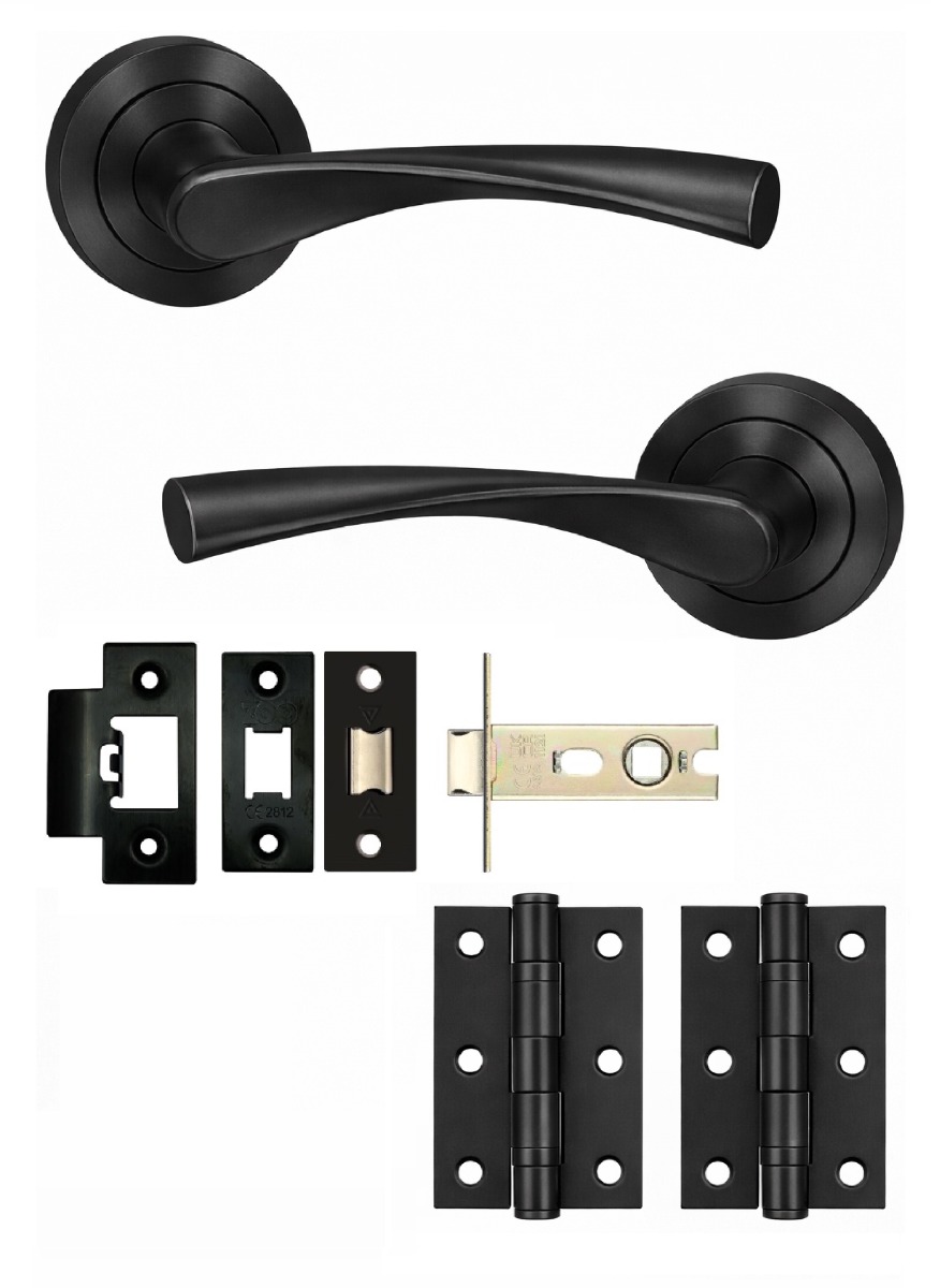 IRONZONE Elvas Style Levers Door Handles on Rose - Latch Pack - Matt Black