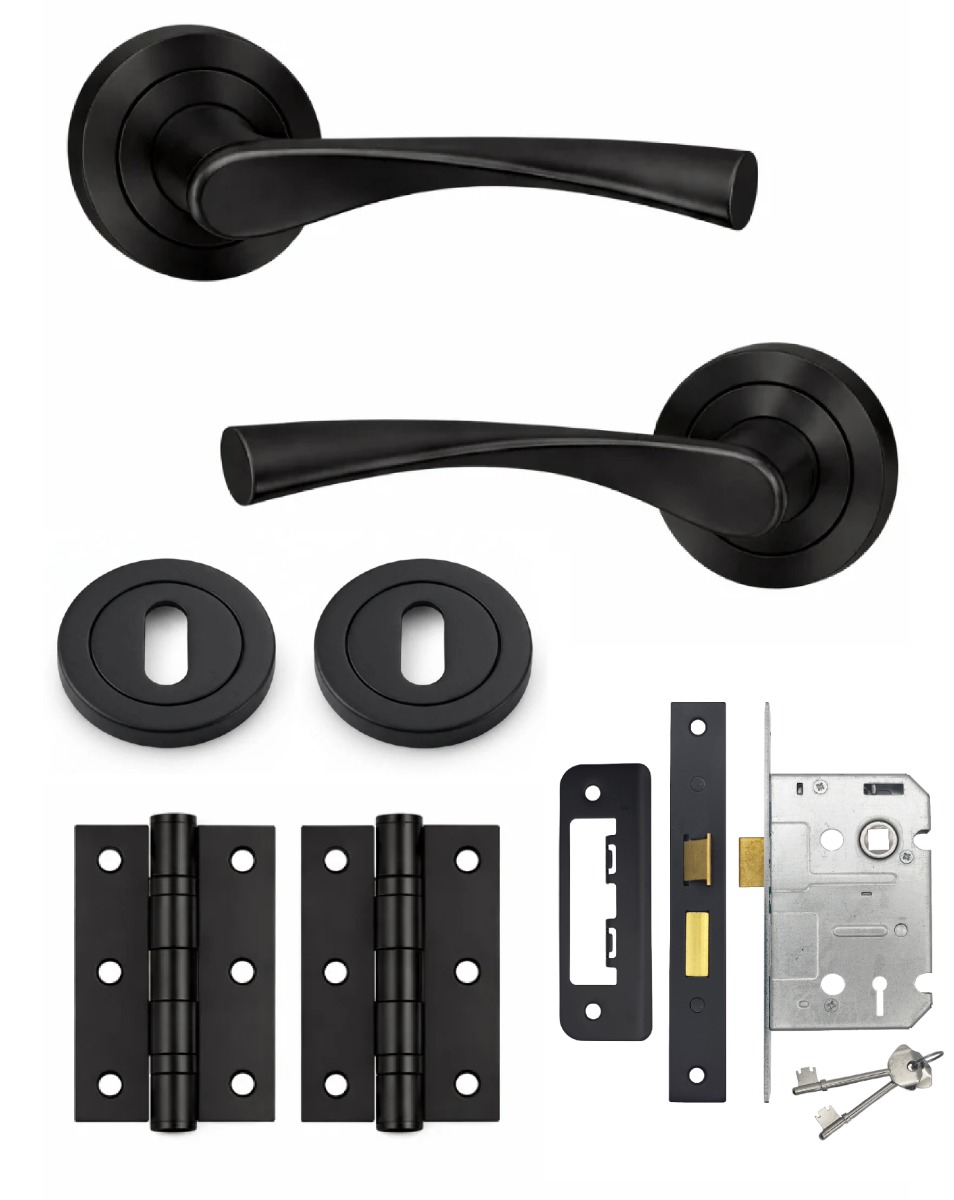 IRONZONE Elvas Style Levers Door Handles on Rose - Lock Pack - Matt Black