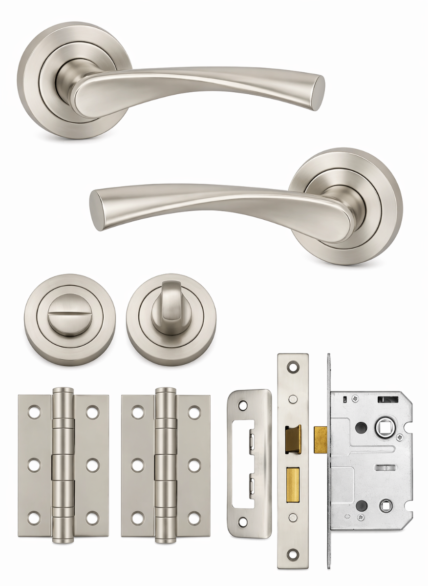 IRONZONE Elvas Door Handle on Rose - Bathroom Pack - Satin Nickel