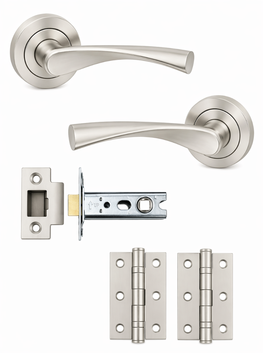 IRONZONE Elvas Door Handle on Rose - Latch Pack - Satin Nickel