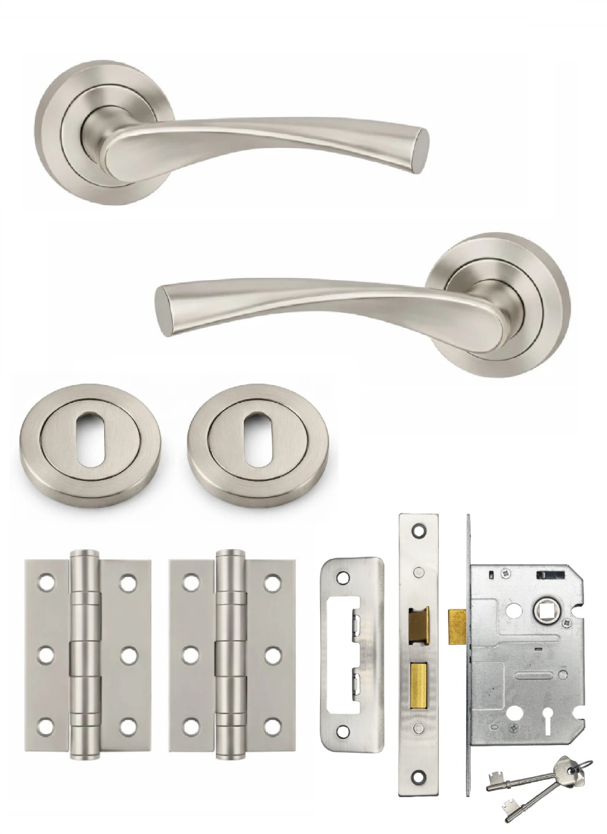 IRONZONE Elvas Door Handle on Rose - Lock Pack - Satin Nickel