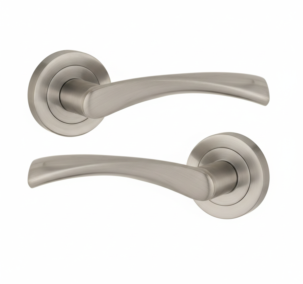 IRONZONE LVR010 Elvas Lever Door Handle on Round Rose - Satin Nickel