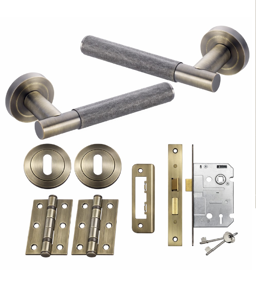 IRONZONE Marino Knurled Door Handle on Rose - Lock Pack - Antique Brass