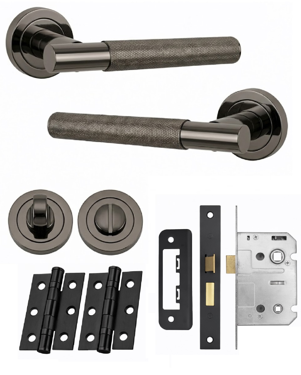 IRONZONE Marino Knurled Door Handle on Rose - Bathroom Pack - Black Nickel