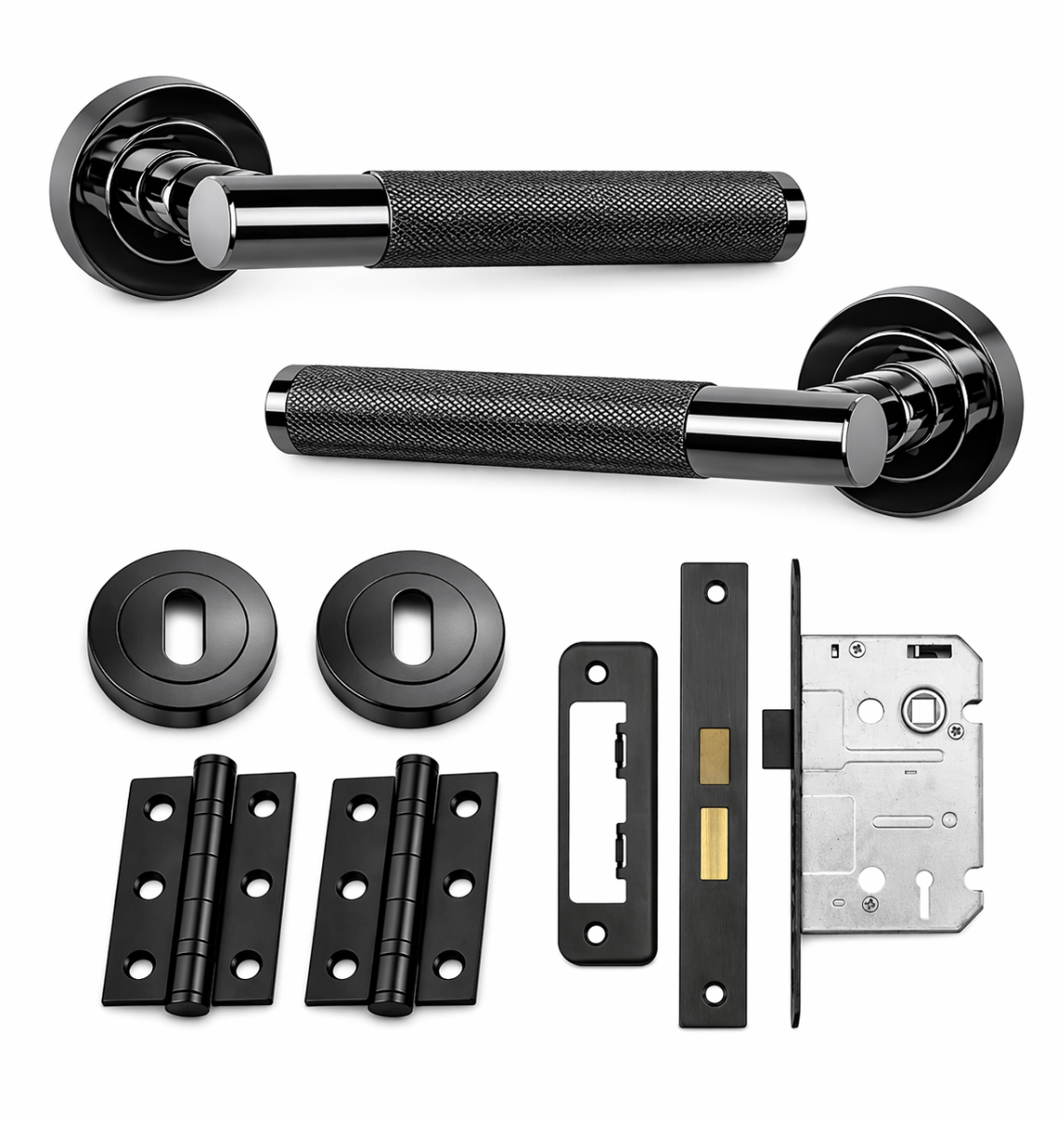 IRONZONE Marino Knurled Door Handle on Rose - Lock Pack - Black Nickel