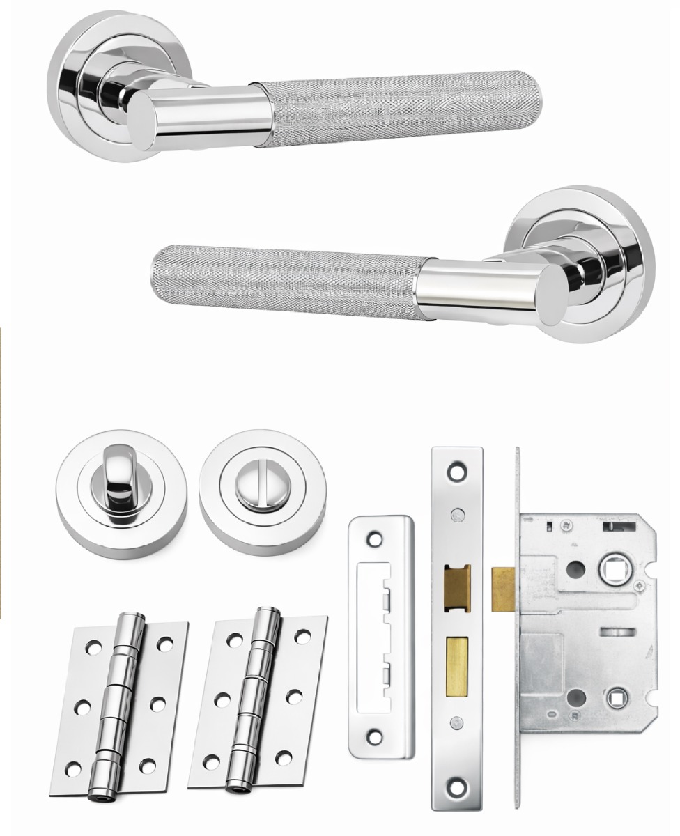 IRONZONE LVR015CP Marino Knurled Lever Door Handle on Rose - Bathroom Pack - Polished Chrome