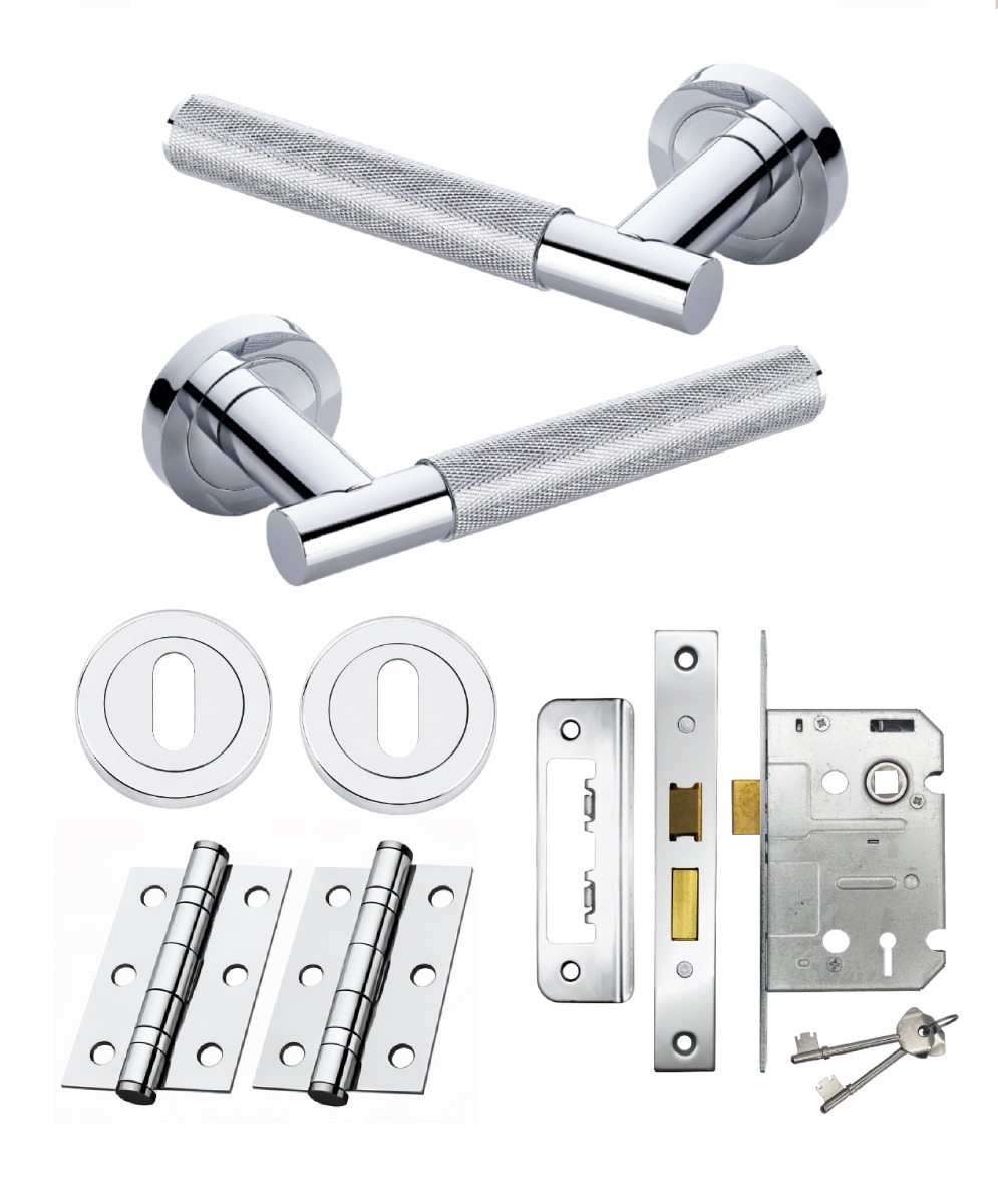 IRONZONE LVR015CP Marino Knurled Lever Door Handle on Rose - Lock Pack - Polished Chrome