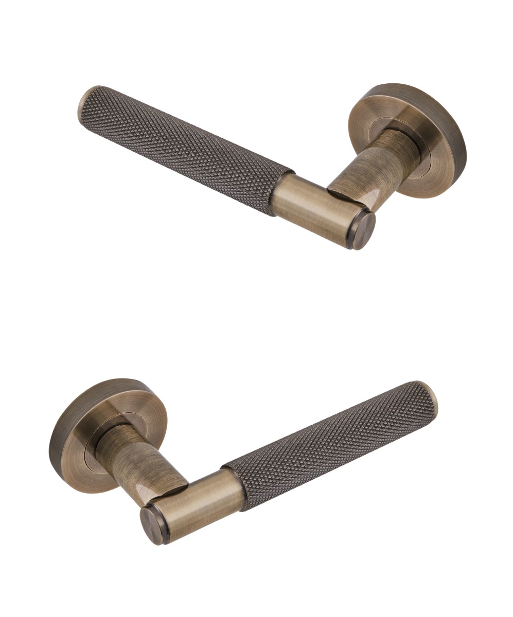 IRONZONE LVR015MAB Marino Knurled Lever Door Handle on Rose -Matt Antique Brass