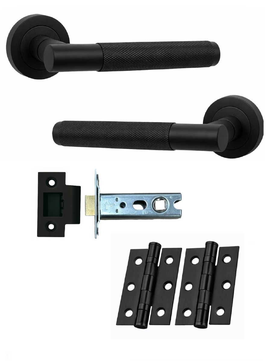 IRONZONE LVR015MB Marino Knurled Lever Door Handle on Rose - Latch Pack - Matt Black