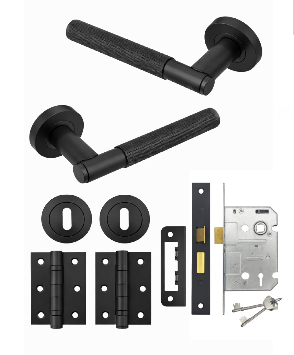 IRONZONE LVR015MB Marino Knurled Lever Door Handle on Rose - Lock Pack - Matt Black
