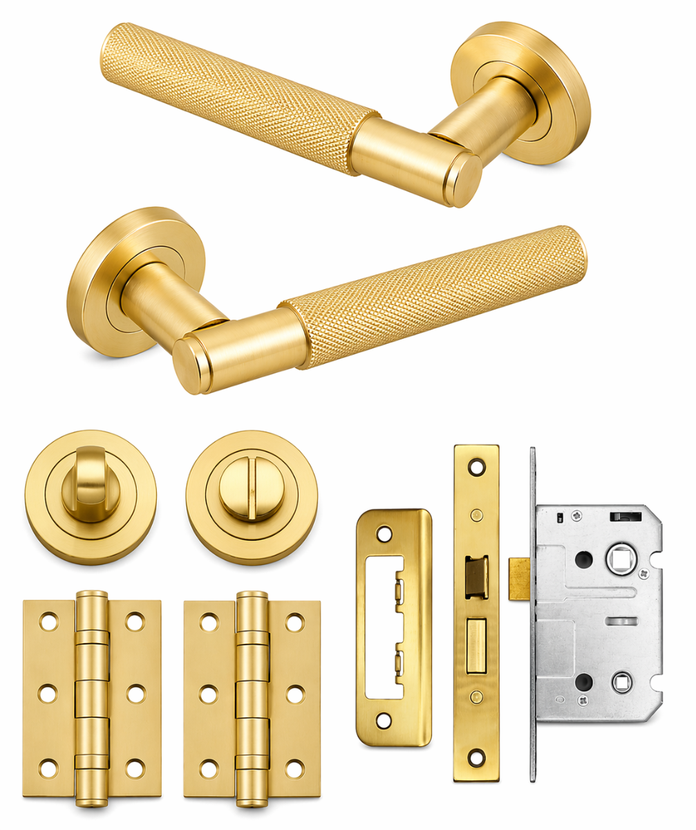 IRONZONE Marino Knurled Door Handle on Rose - Bathroom Pack - Matt Satin Brass