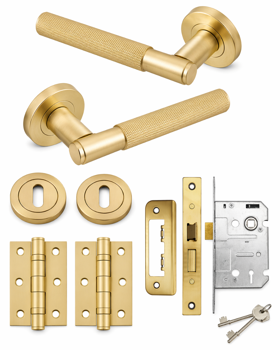IRONZONE LVR015MSB Marino Knurled Lever Door Handle on Rose - Lock Pack - Matt Satin Brass