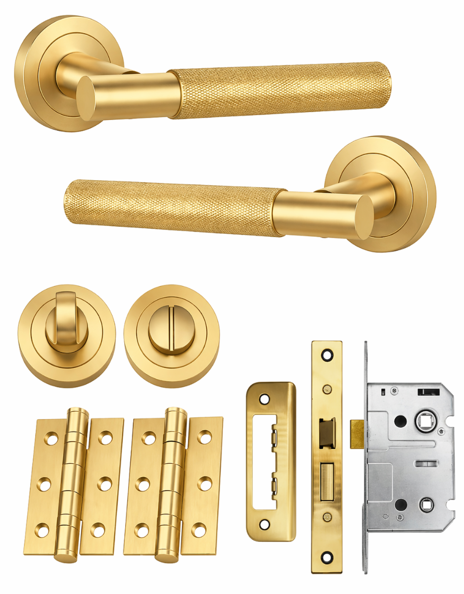 IRONZONE Marino Knurled Door Handle on Rose - Bathroom Pack - Satin Brass
