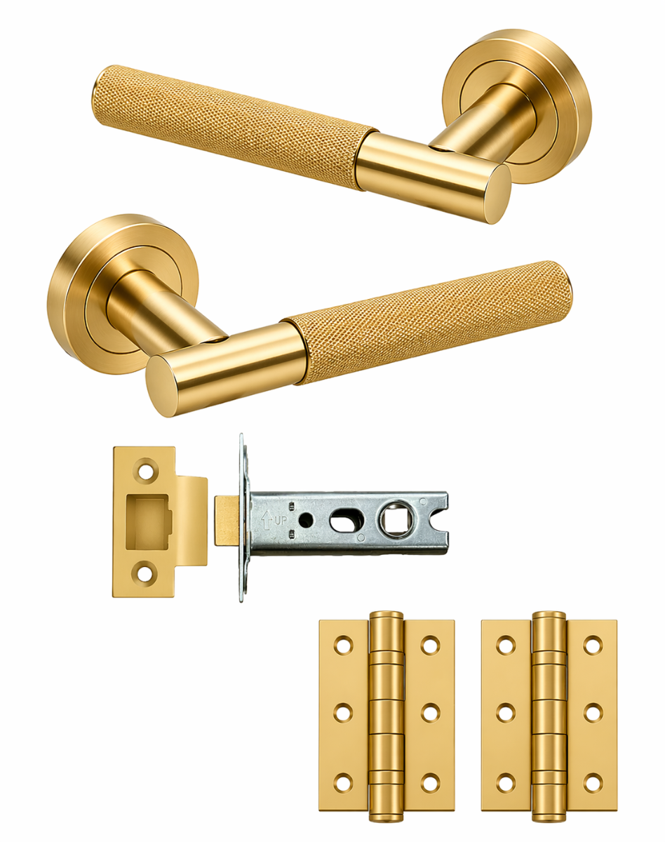 IRONZONE Marino Knurled Door Handle on Rose - Latch Pack - Satin Brass