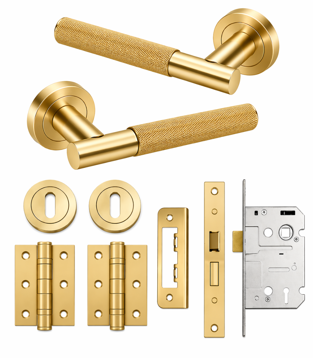 IRONZONE Marino Knurled Door Handle on Rose - Lock Pack - Satin Brass