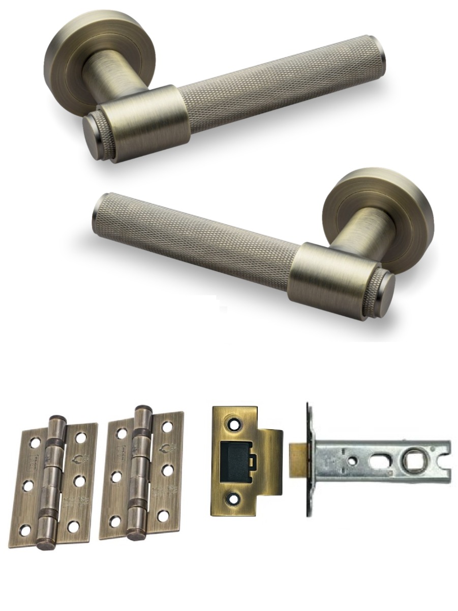 IRONZONE LVR016 Flare Knurled Door Handle on Rose - Latch Pack - Antique Brass