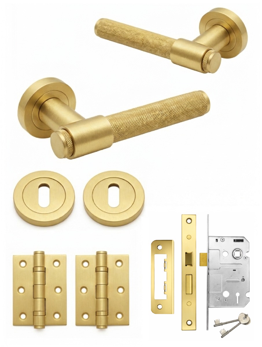 IRONZONE Flare Knurled Door Handle on Rose - Lock Pack - Satin Brass