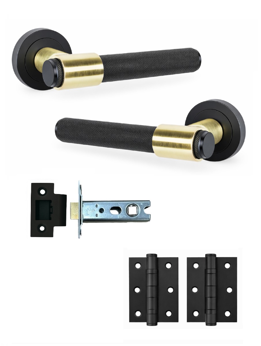 IRONZONE Flare Knurled Door Handle on Rose - Latch Pack - Black/Satin Brass